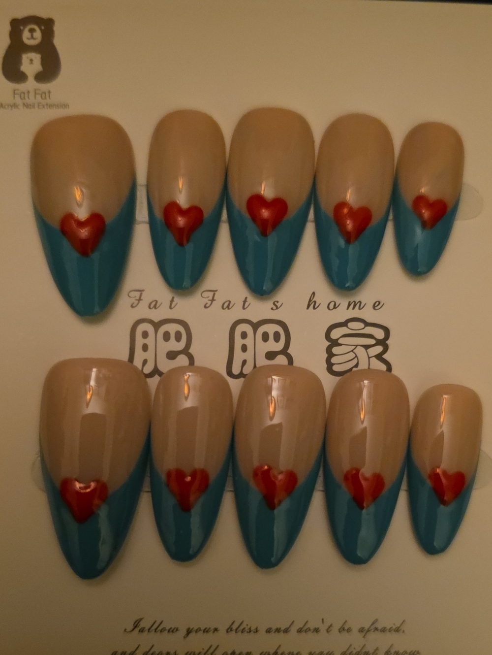 Blue French Tip Press-On Nails with Red Heart Accent Large